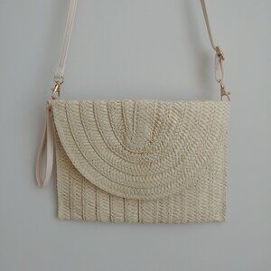 100% paper straw woven crossbody purse bag clutch neutral cream gold